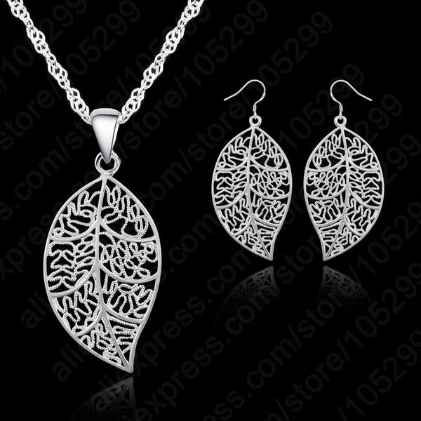 Genuine 925 Fine Sterling Silver Leaves Jewelry Set (Necklace and Earrings)